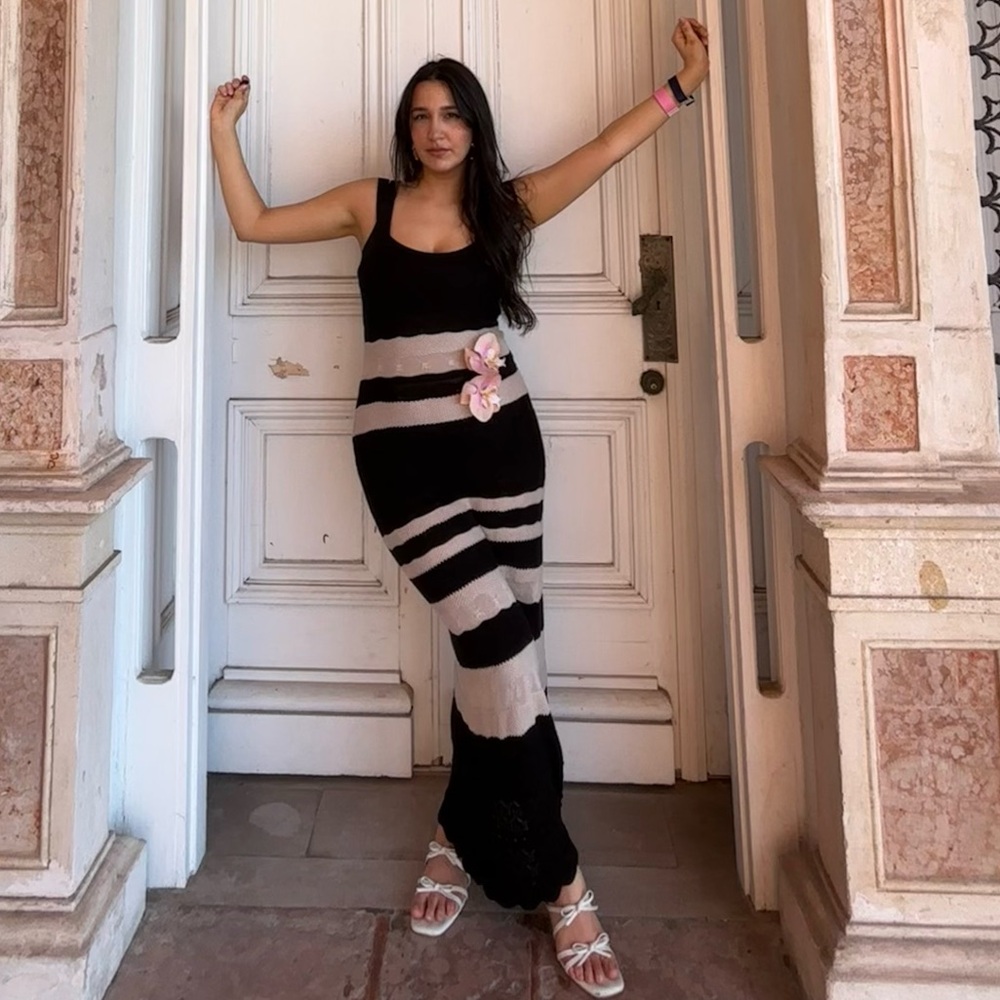 EVEREVE crochet tan/cream and black Striped Dress